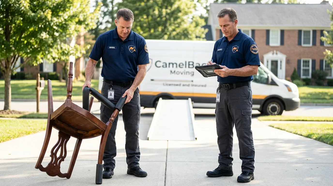 Movers inspecting furniture for damage prevention before loading in Harper, KS