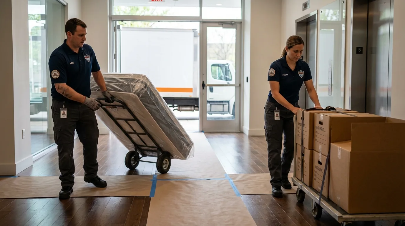 Professional apartment movers loading elevator in Harper, KS
